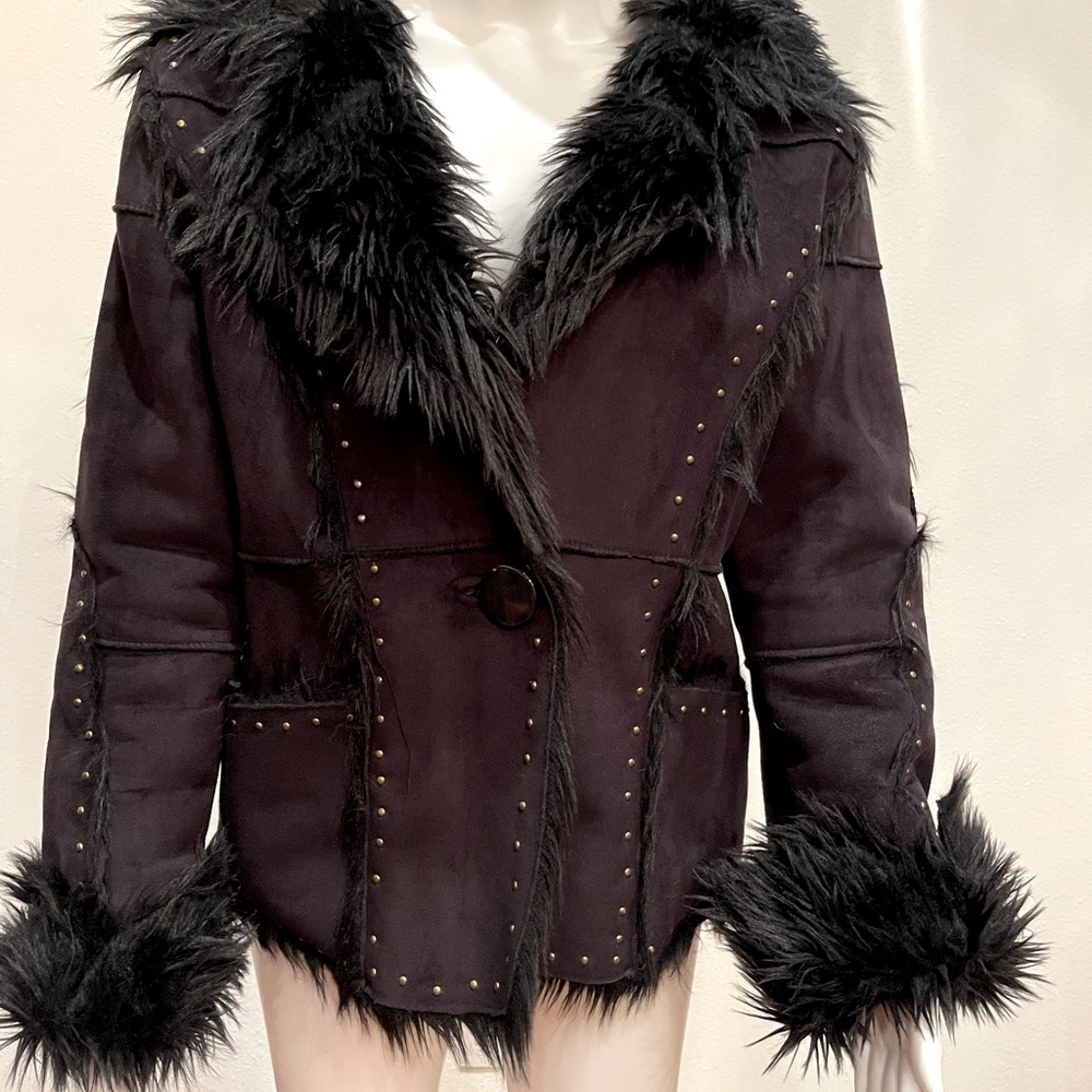 Leather Suede with Fur Studded Waist-Length Coat